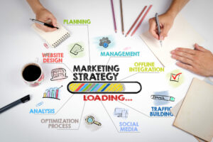 Marketing strategy Concept. Chart with keywords and icons.