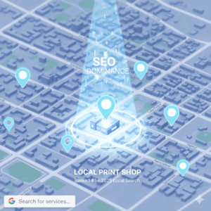 A local print shop highlighted on a digital map with glowing pins, symbolizing Local SEO visibility in 2025.